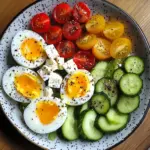 Avocado & Soft-Boiled Egg Breakfast Plate with Feta, Olives & Veggies