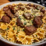 Beef and Bowtie Pasta in Cheddar Sauce