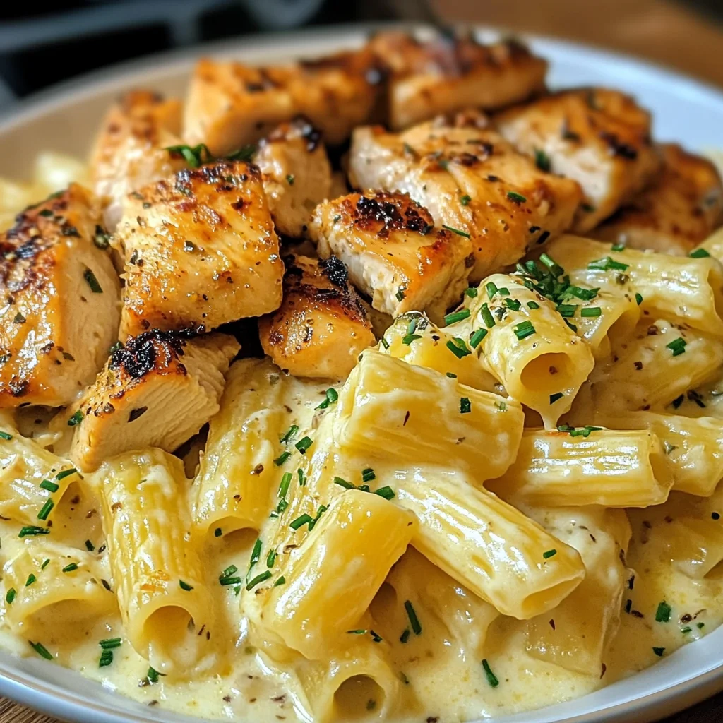 Cheddar Garlic Chicken Rigatoni in Parmesan Sauce