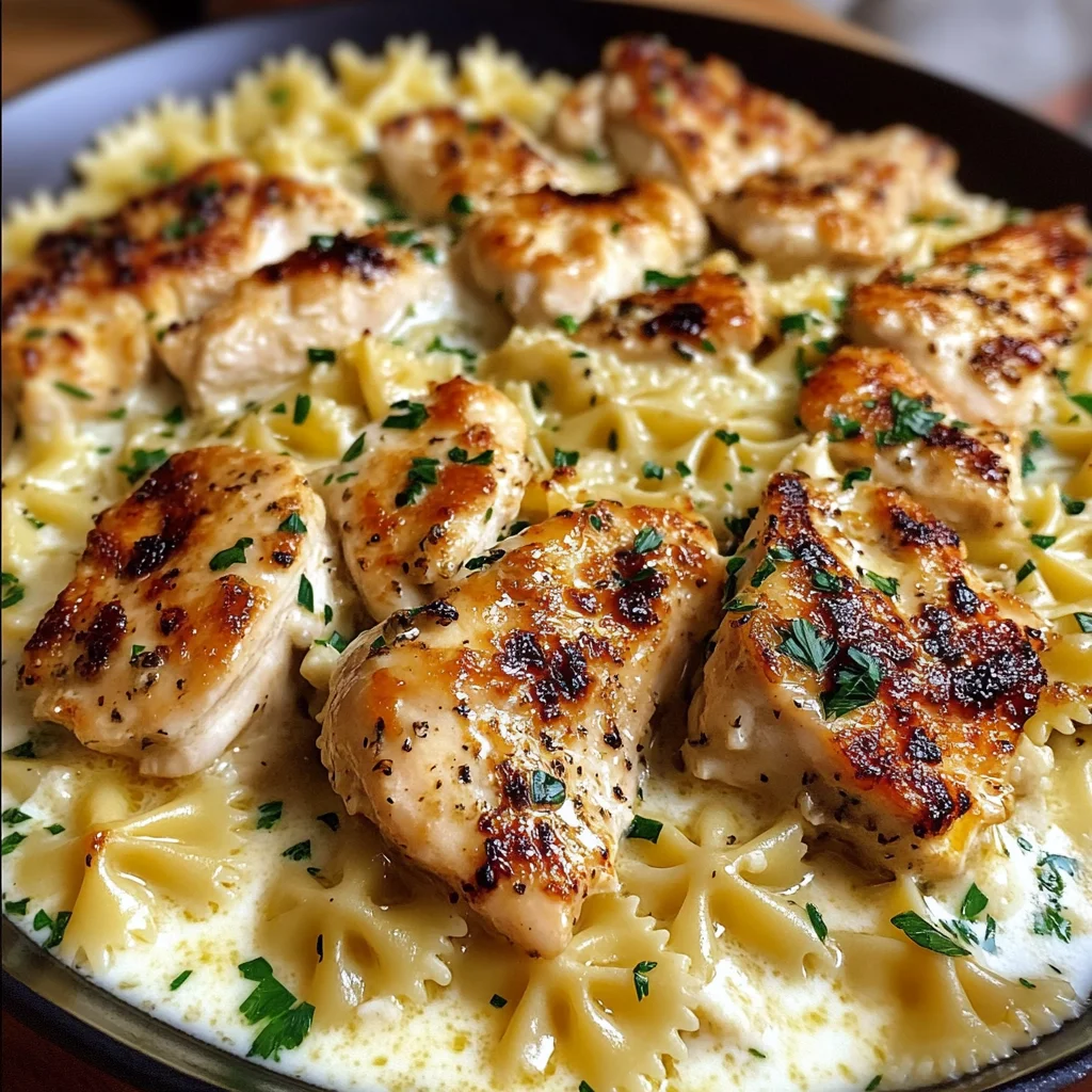 Cheesy Garlic Butter Chicken with Bowtie Pasta and Creamy Sauce
