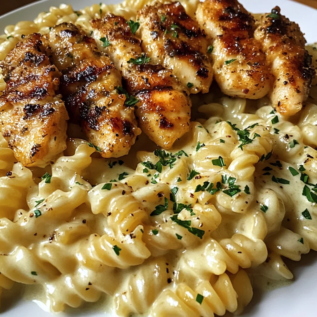 Cheesy Rotini Alfredo with Garlic Chicken Strips