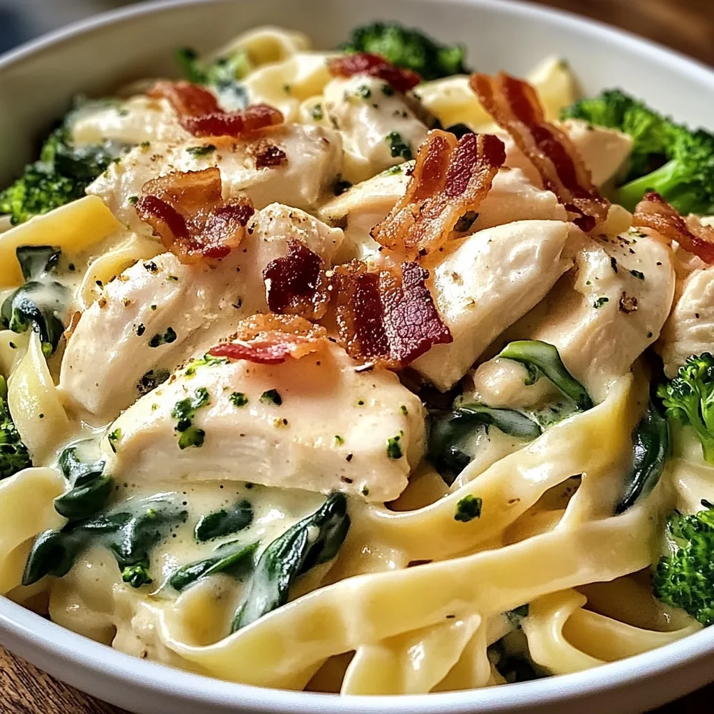 Chicken, Bacon & Spinach Alfredo Fettuccine with Broccoli