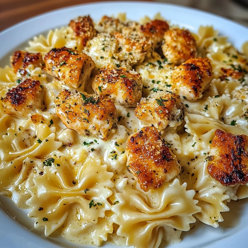 Creamy Alfredo Bowtie Pasta with Garlic Chicken Bites