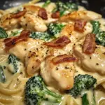 Creamy Garlic Butter Chicken Alfredo with Crispy Bacon, Spinach & Broccoli
