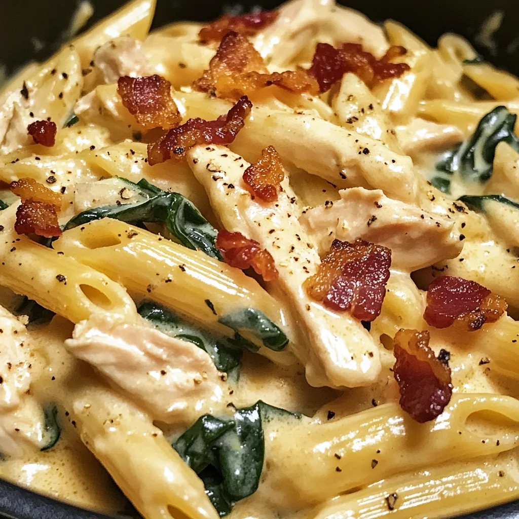 Creamy Garlic Chicken Bacon Penne with Spinach