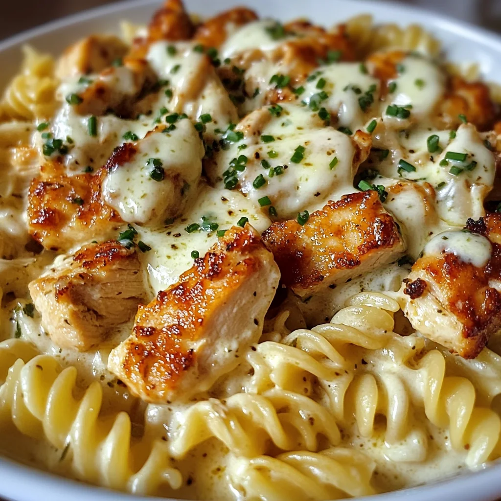 Creamy Mozzarella Alfredo with Garlic Chicken Twisted Pasta