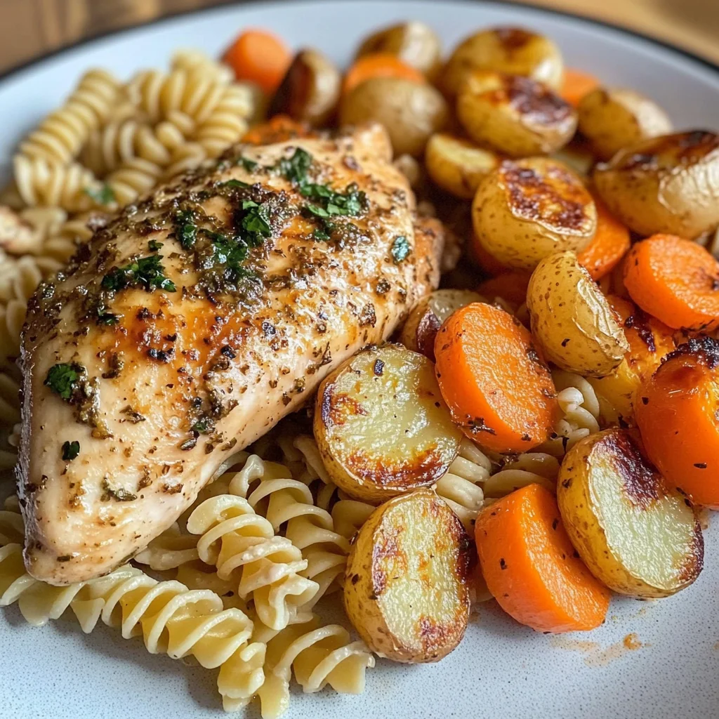 Garlic-Herb Chicken with Roasted Veggies & Creamy Rotini