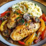 Garlic Butter Chicken with Mushrooms, Peppers & Mashed Potatoes