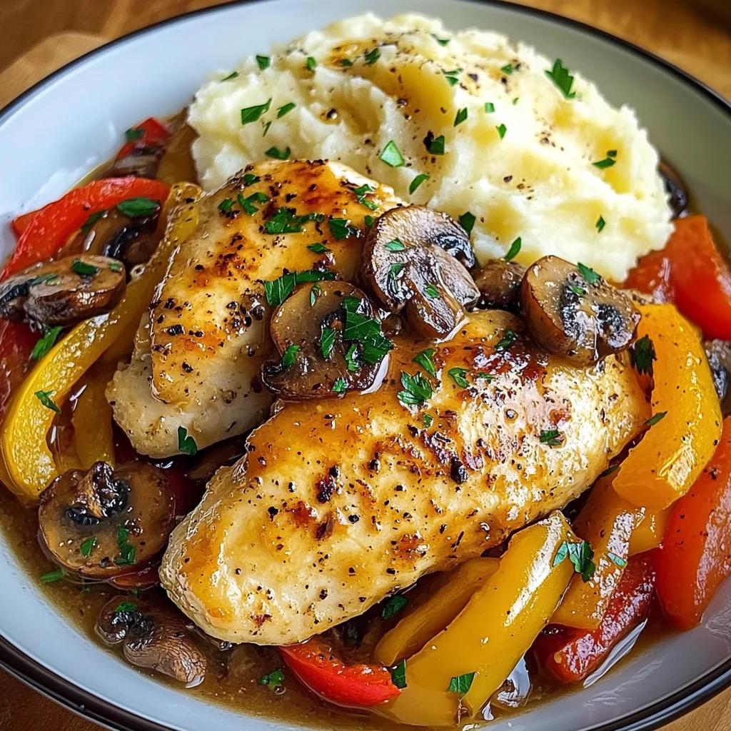 Garlic Butter Chicken with Mushrooms, Peppers & Mashed Potatoes