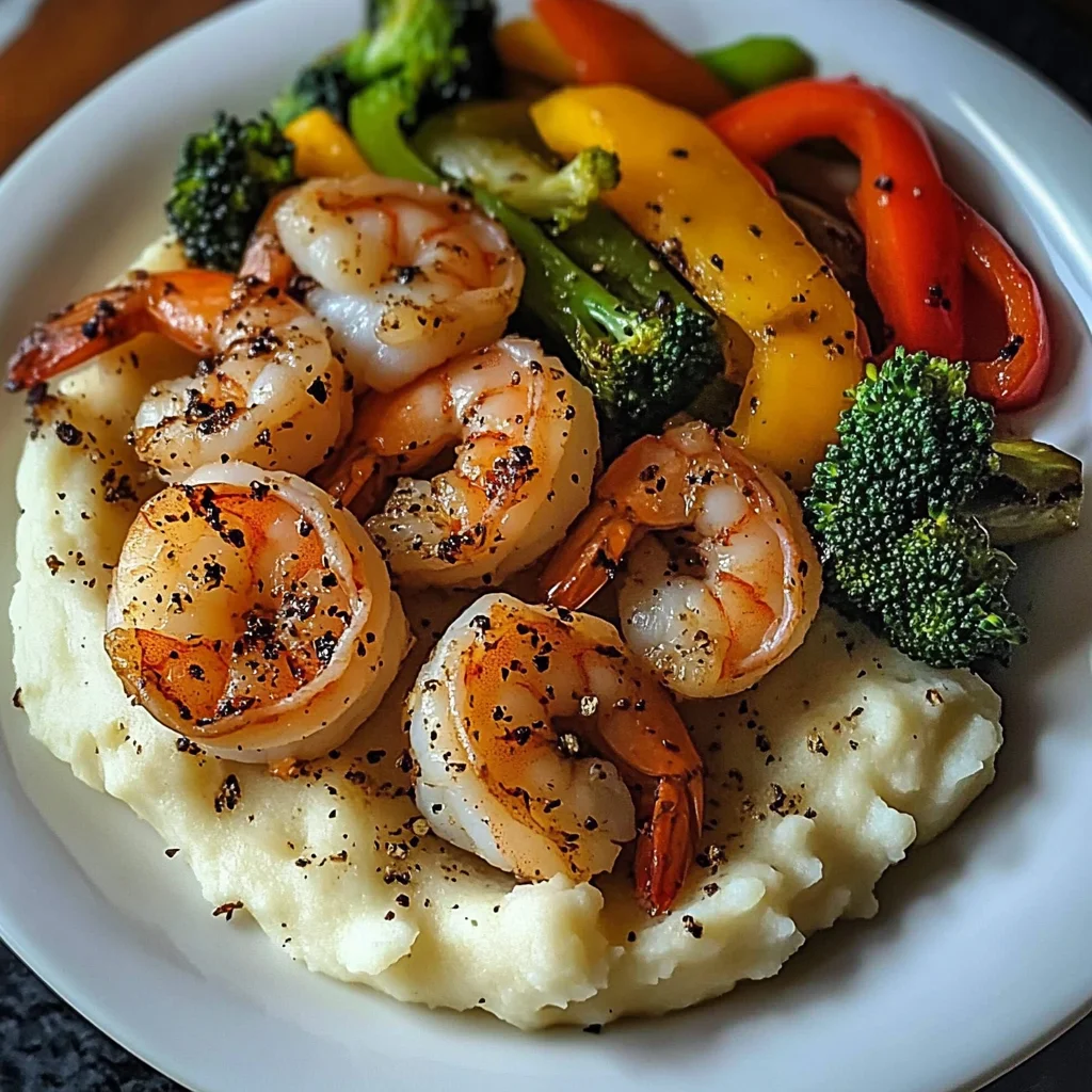 Garlic Butter Shrimp with Sautéed Veggies & Creamy Mashed Potatoes