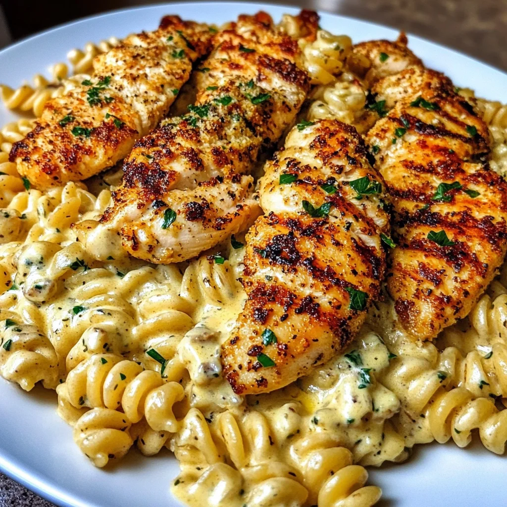 Garlic Parmesan Chicken Rotini in ThreeCheese Cajun Cream Sauce