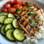 Grilled Chicken with Rice and Fresh Tomato-Cucumber Salad