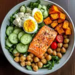 Omega Bowl: Salmon, Jammy Egg & Greens with Chickpeas & Sweet Potato