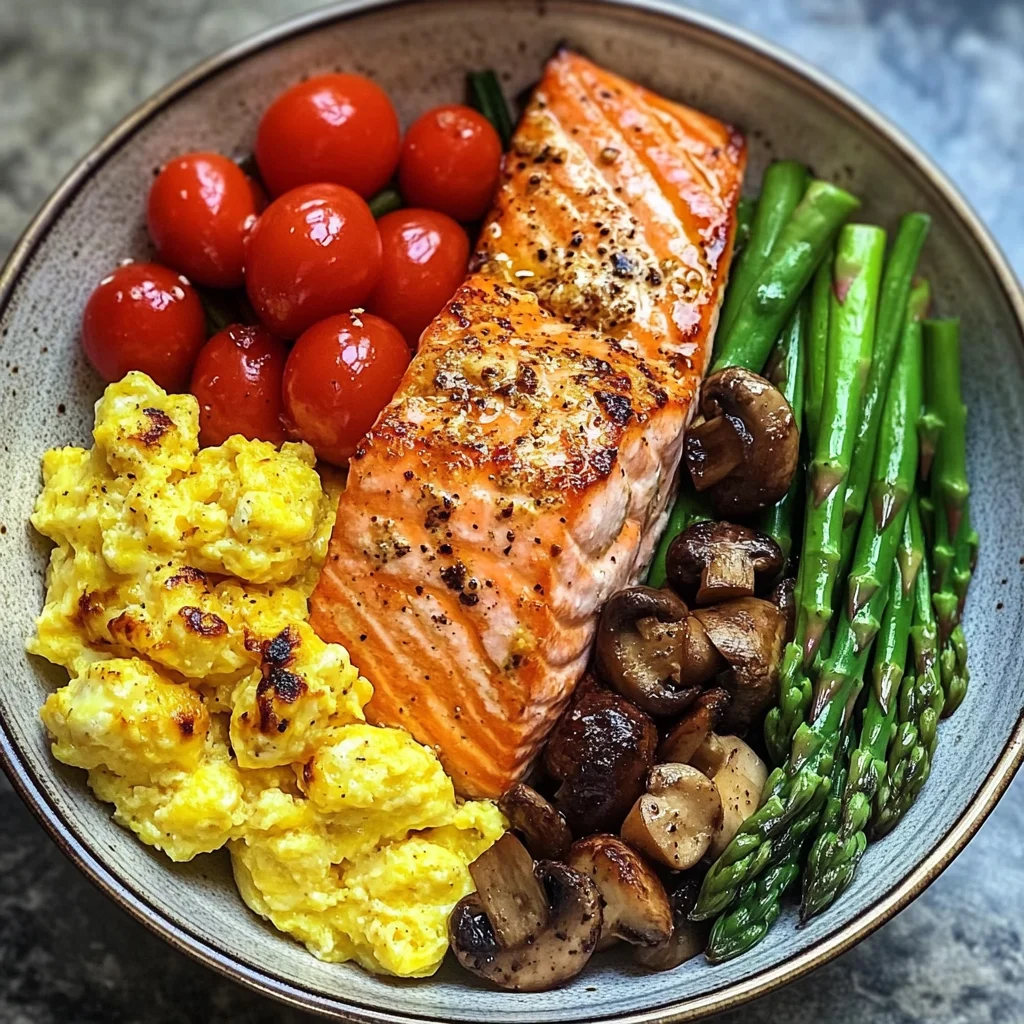 Salmon Power Bowl with Scrambled Eggs, Asparagus & Sauted Mushrooms