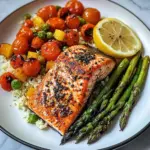 Seared Salmon with Asparagus, Cherry Tomatoes & Cauliflower Rice