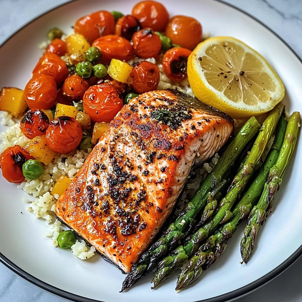 Seared Salmon with Asparagus, Cherry Tomatoes & Cauliflower Rice