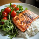 Seared Salmon with Rice & Arugula Tomato Salad
