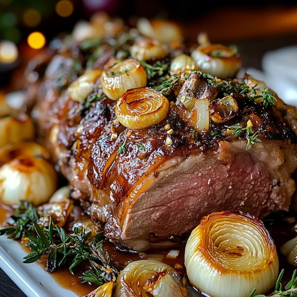 Slow-Roasted Lamb Shoulder with Roasted Garlic, Caramelized Onions & Honey Herb Glaze