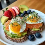 Smoked Salmon & Egg Avocado Toast Plate with Fresh Fruit & Tea
