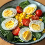 Spinach Salad with Soft-Boiled Eggs, Cherry Tomatoes, Corn & Creamy Dressing
