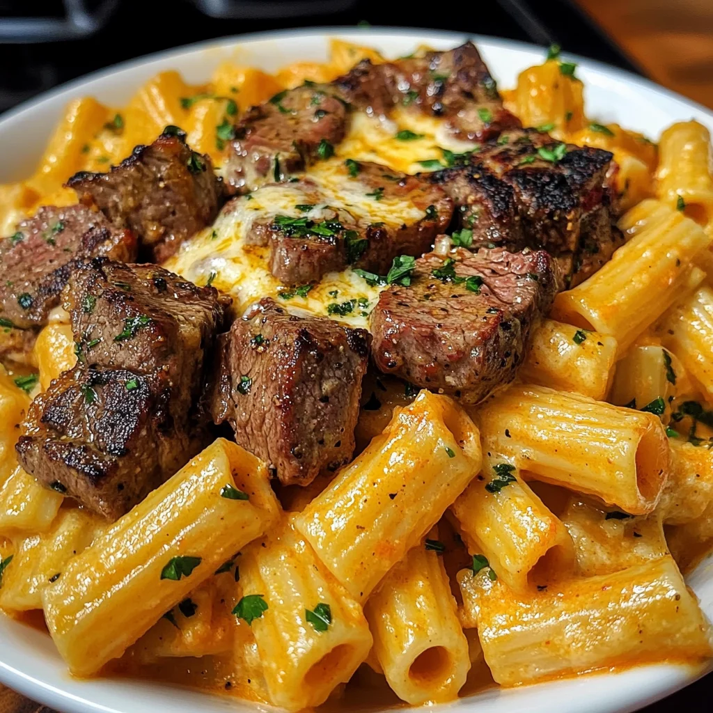 Cajun Garlic Butter Steak Bites with Spicy Cheddar Rigatoni