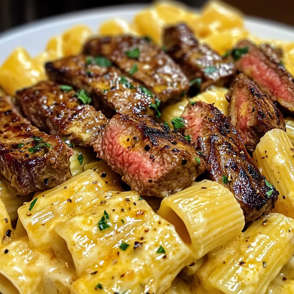 Cajun Garlic Butter Steak Strips with Creamy Provolone Rigatoni