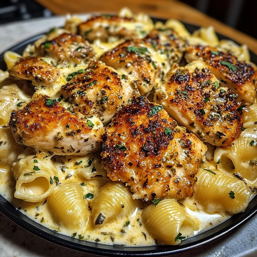Cheddar Parmesan Garlic Butter Chicken and Creamy Shells