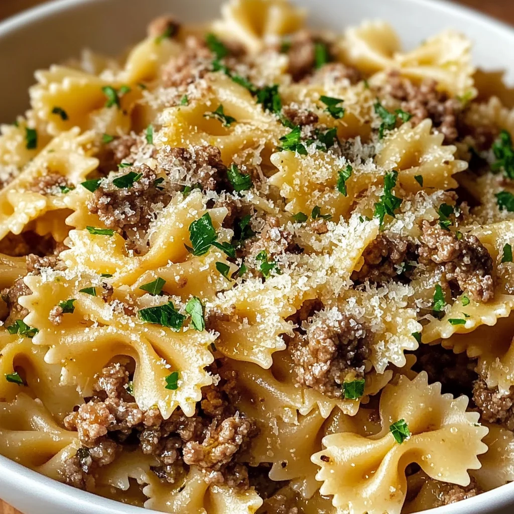 Garlic Butter Bowtie Pasta with Ground Beef Recipe