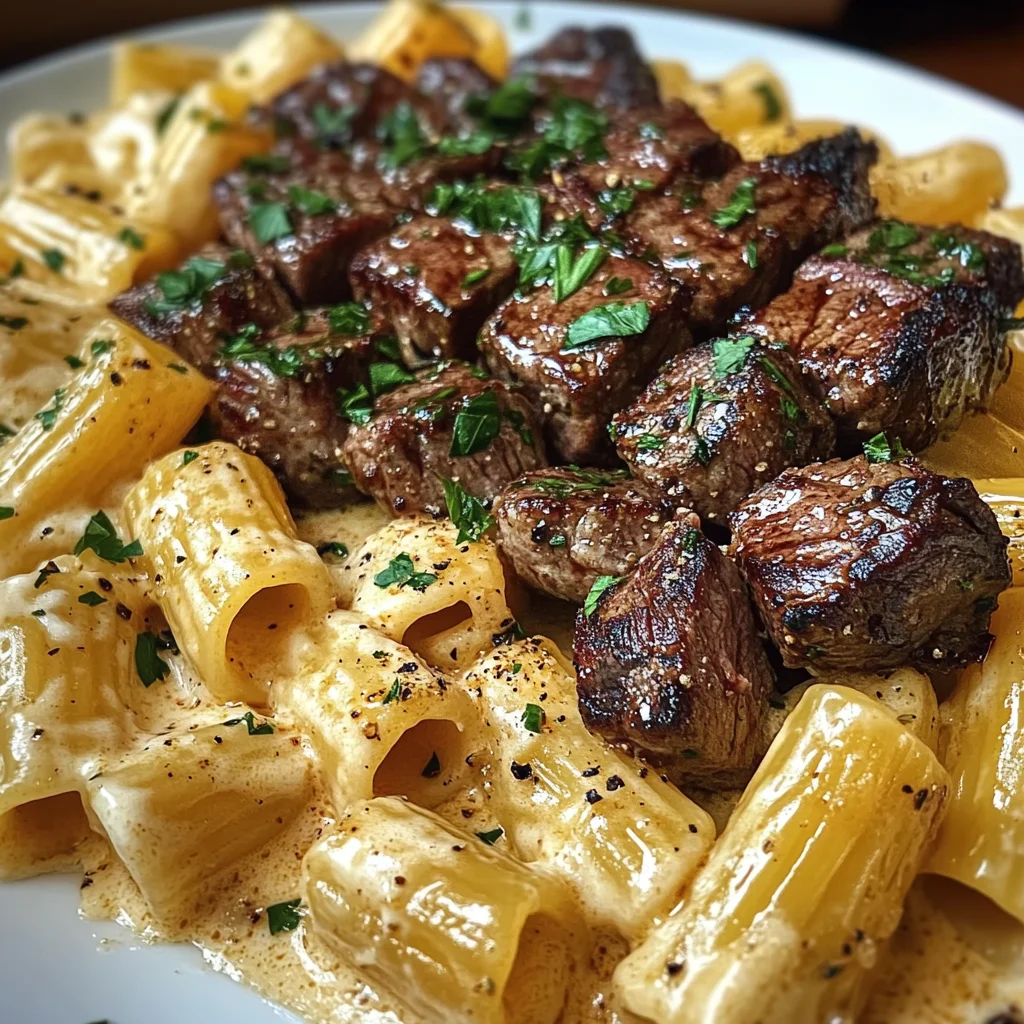 Garlic Butter Steak Bites and Mozzarella Rigatoni