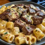 Garlic Butter Steak Tips with Creamy Mozzarella Parmesan Rigatoni