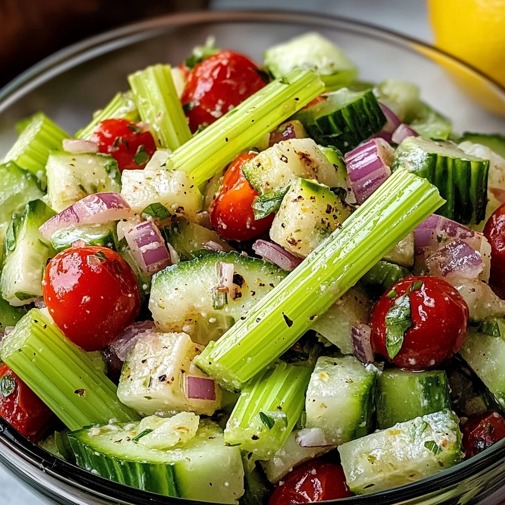 Celery Salad with Cherry Tomatoes, Cucumber, and Lemon Dressing Recipe