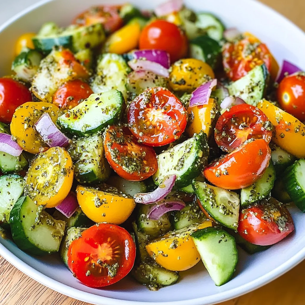 Tomato Cucumber Avocado Salad with Basil Pesto